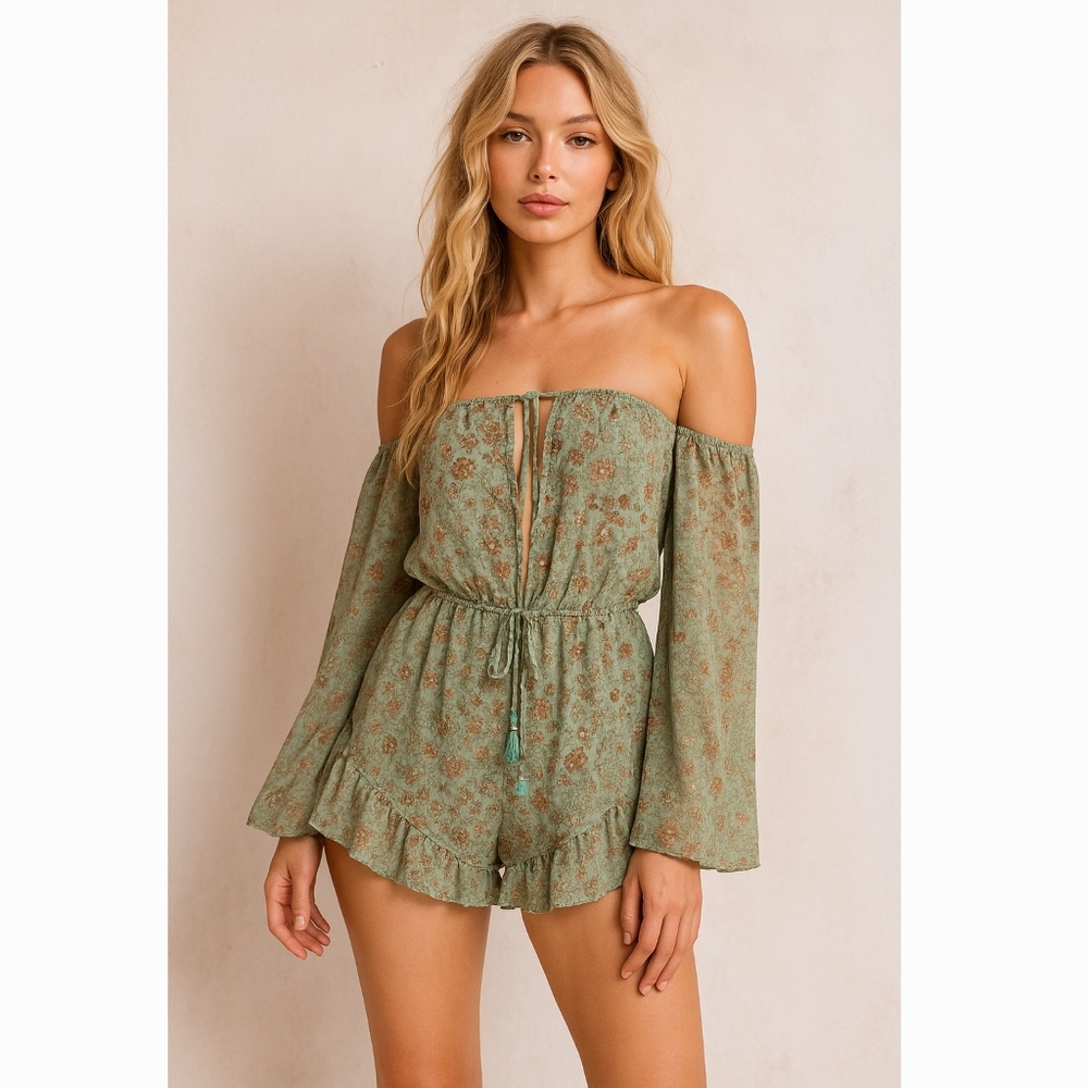 Victoria's Secret Green Floral Chiffon Cover-up Romper Size M Boho Bell Sleeves